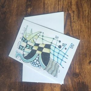 🌻 5/$20 Handmade Floral Zentangle Birthday Card- Blue,Green & Black